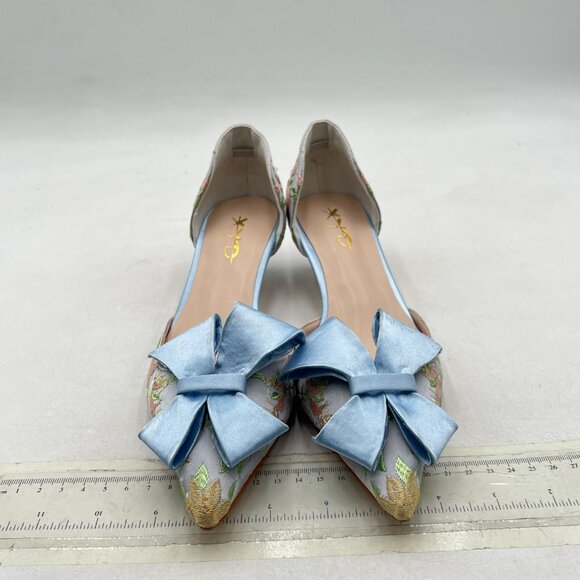 XYD Blue Flower Embroidery D'Orsay Kitten Heel Bridal Bowknot Pointed Toe Pumps - Picture 3 of 8